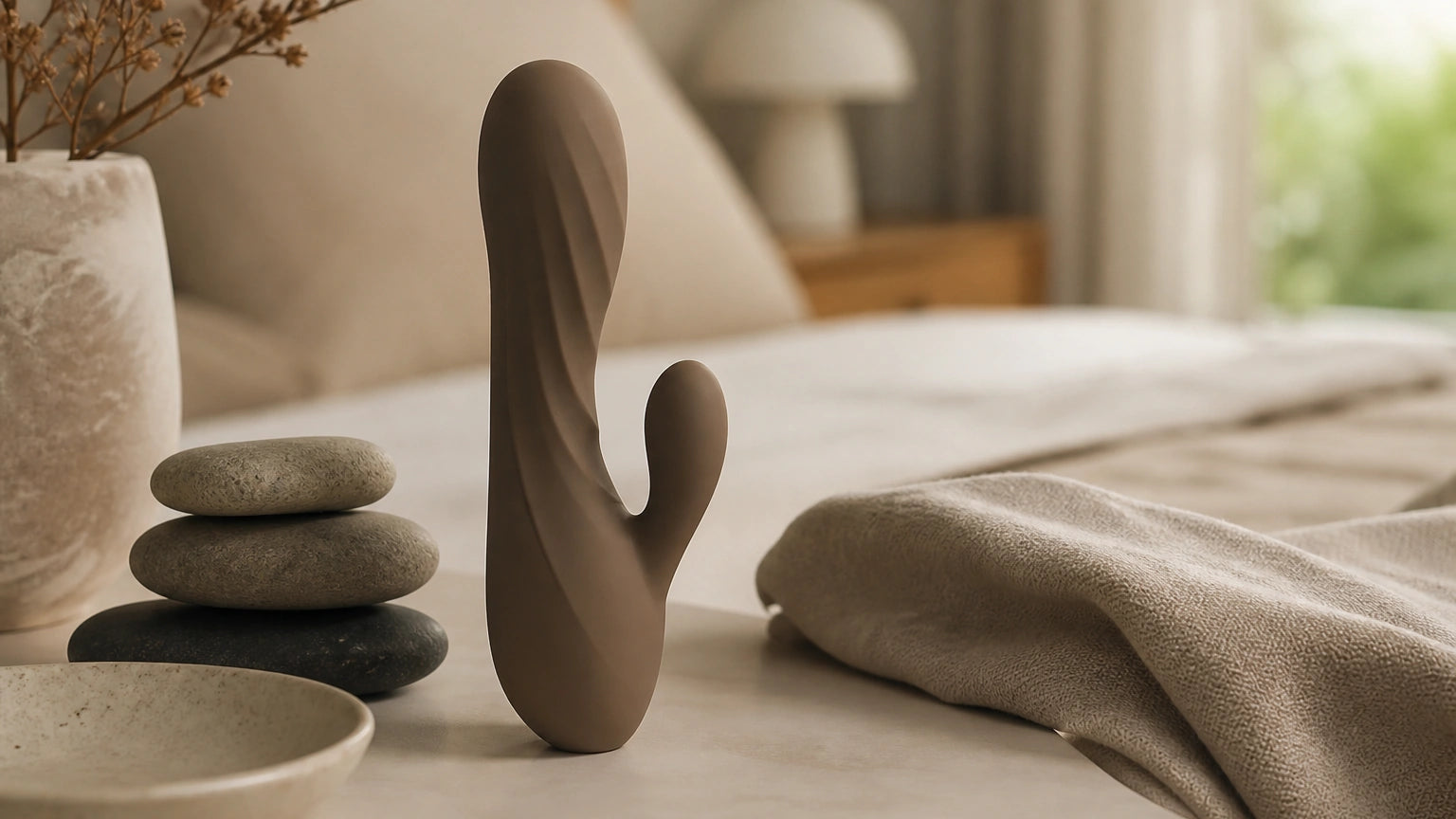 Taupe sculptural silicone vibrator styled with river stones, linen, and ceramic decor on a minimalist vanity