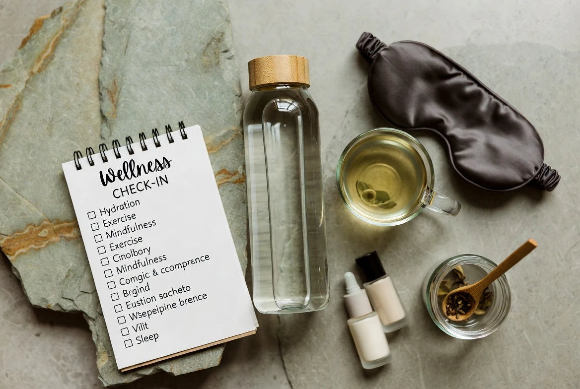 Wellness checklist with water, tea, and sleep items for tracking facial puffiness triggers
