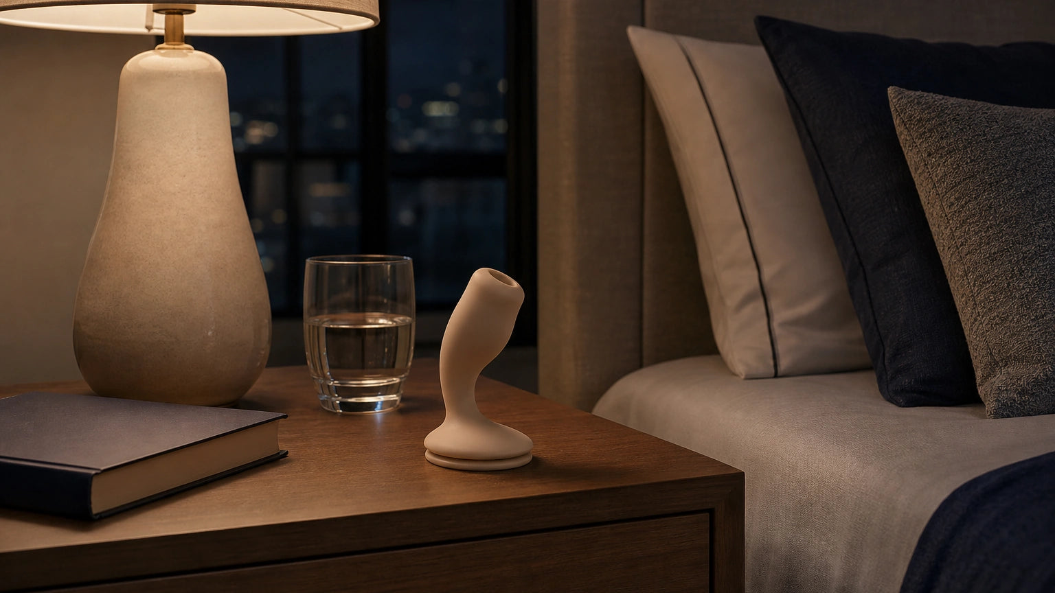 Nightstand with a sculptural suction toy displayed as part of an elegant evening routine