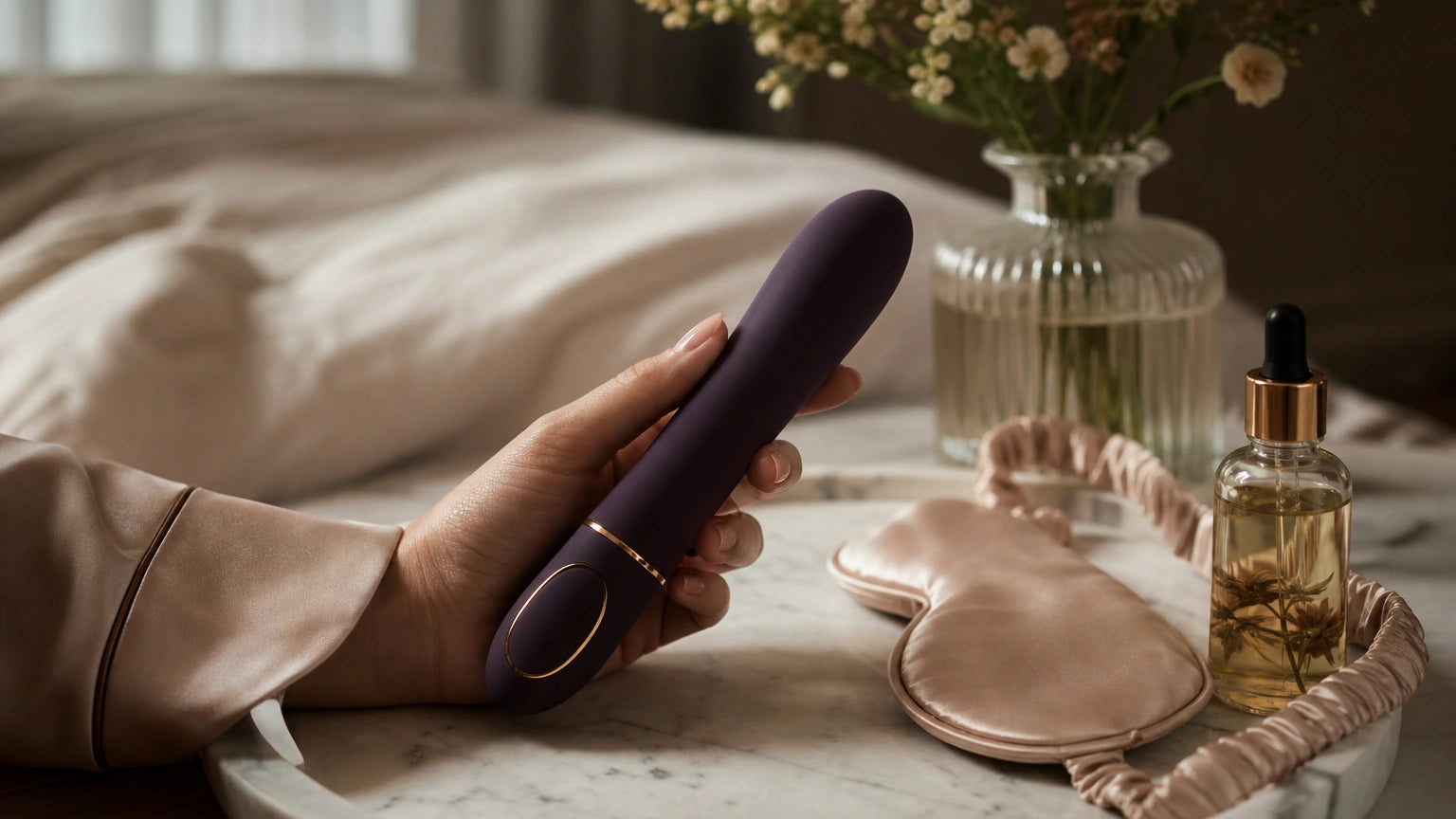 Hand holding a premium medical-grade silicone vibrator beside a sleep mask and massage oil