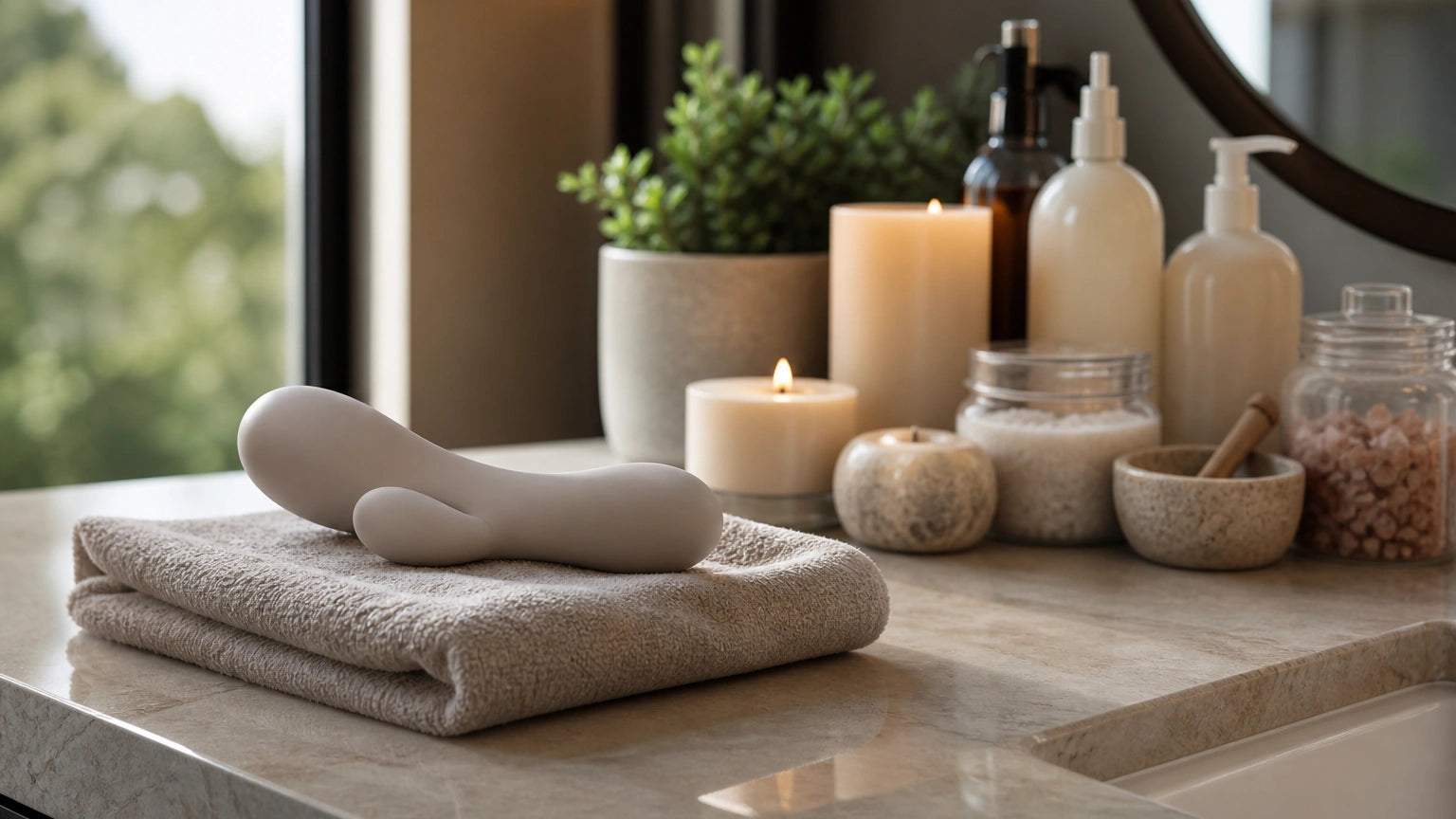 Cluttered self-care items beside a sculptural silicone massager on a tidy bathroom counter