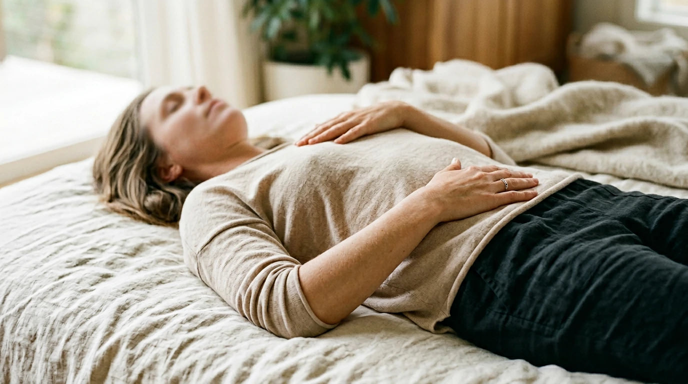 Woman practicing diaphragmatic breathing — one of the most effective vagus nerve stimulation techniques