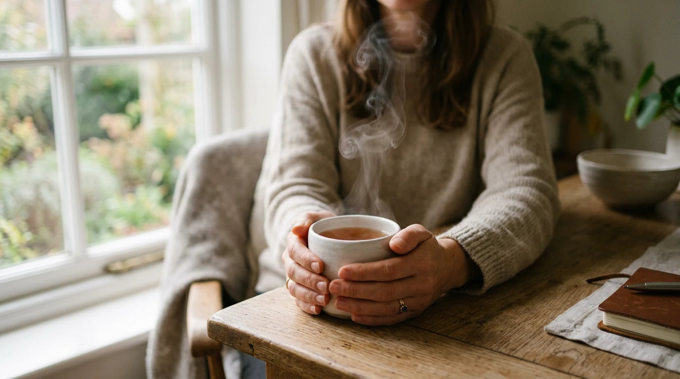 A quiet morning ritual — warm tea and stillness as part of a daily vagus nerve stimulation practice