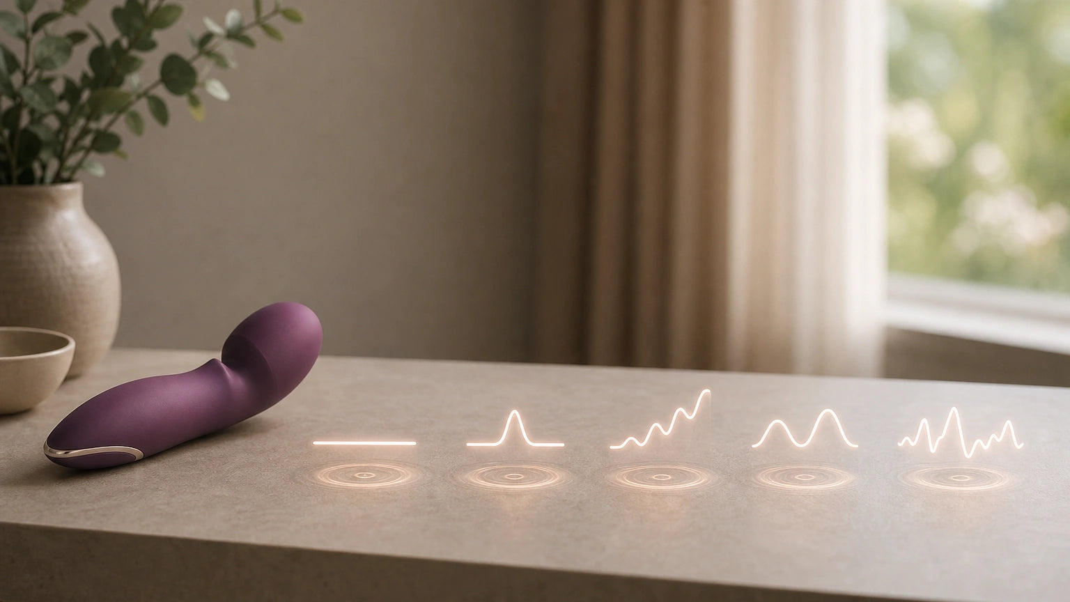 Body-safe intimate massager paired with five visual representations of different vibration pattern types