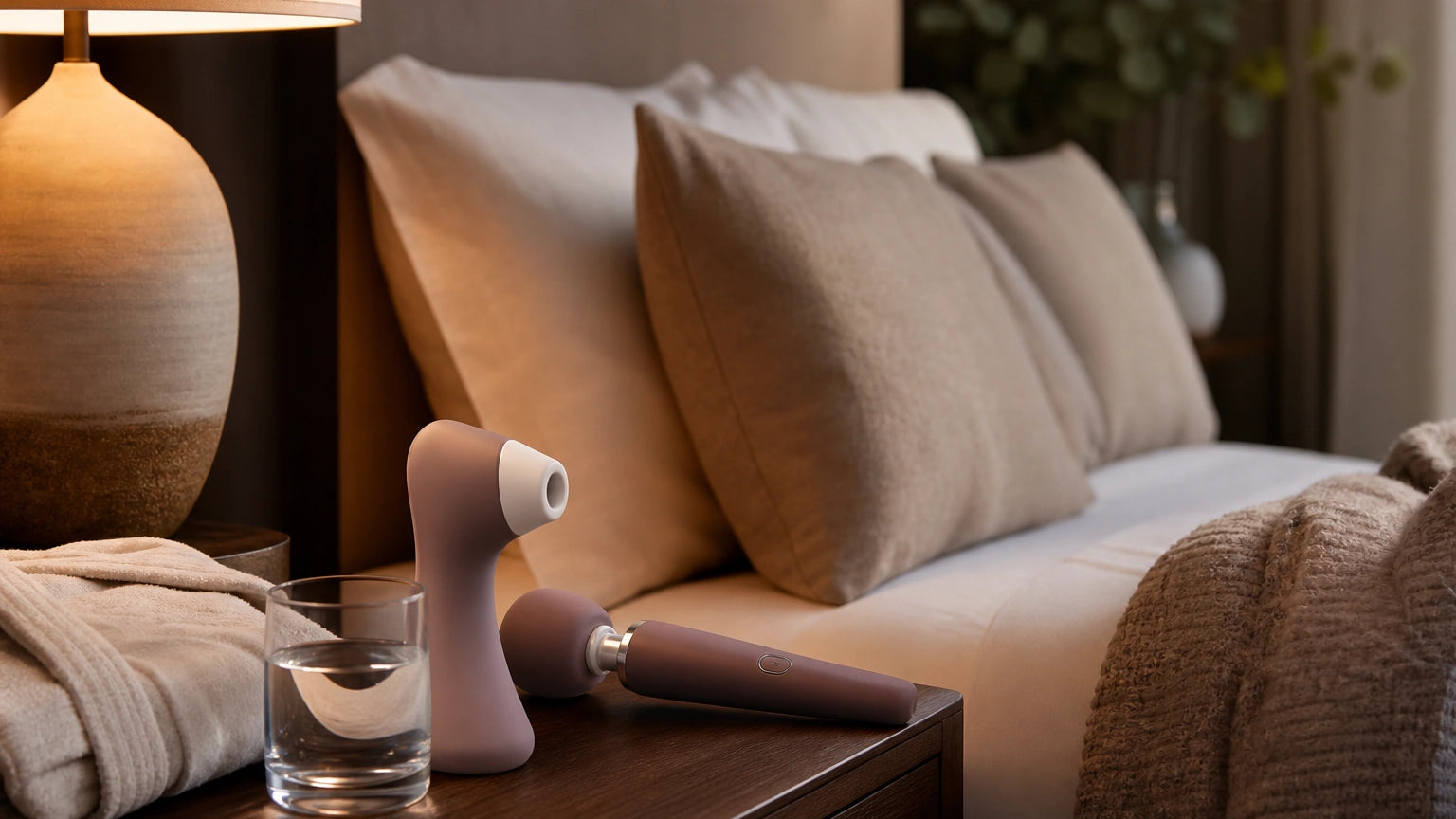 Body-safe suction toy and silicone massager in a calm bedside relaxation setting for gentle pattern and intensity