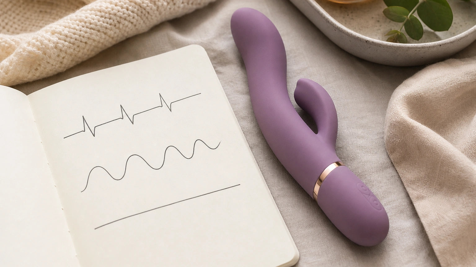 Adult women's silicone vibrator beside simple sketches of steady, pulse, and wave vibration patterns