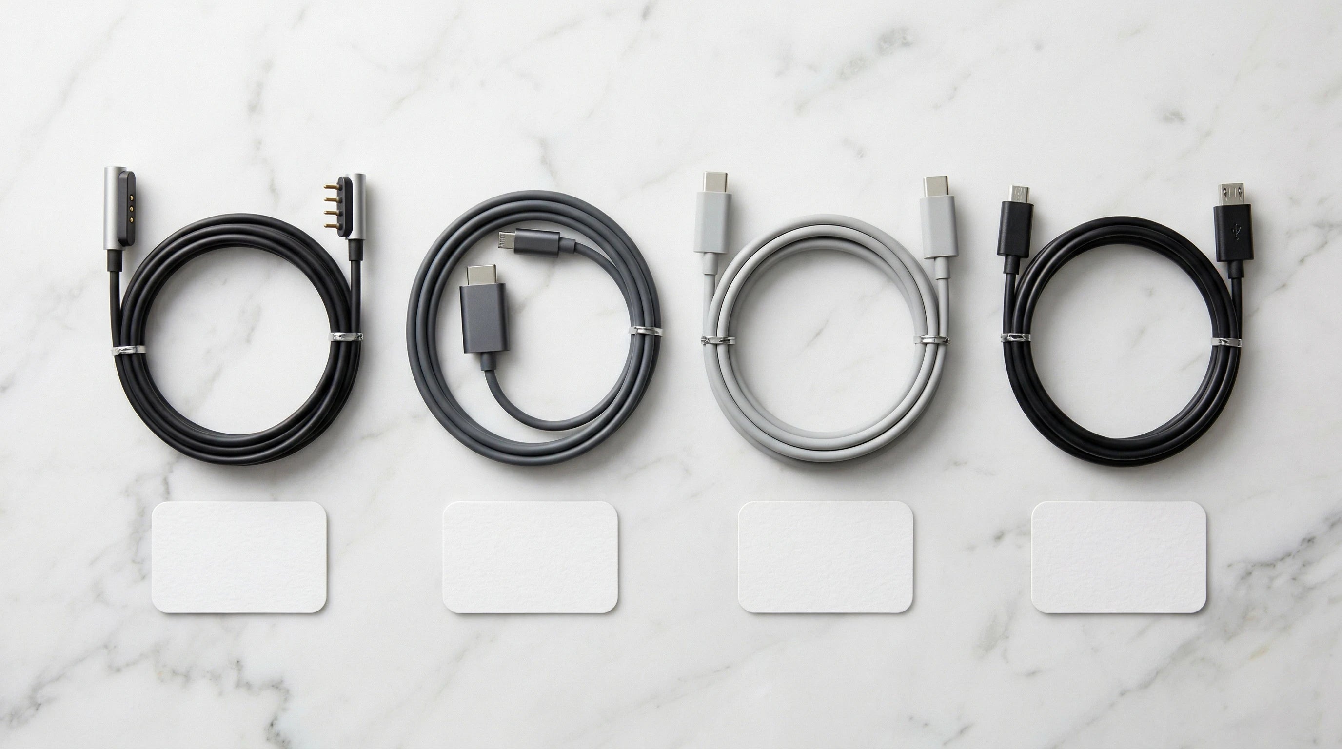 Four vibrator charger types compared — magnetic, proprietary dongle, USB-C, and micro-USB