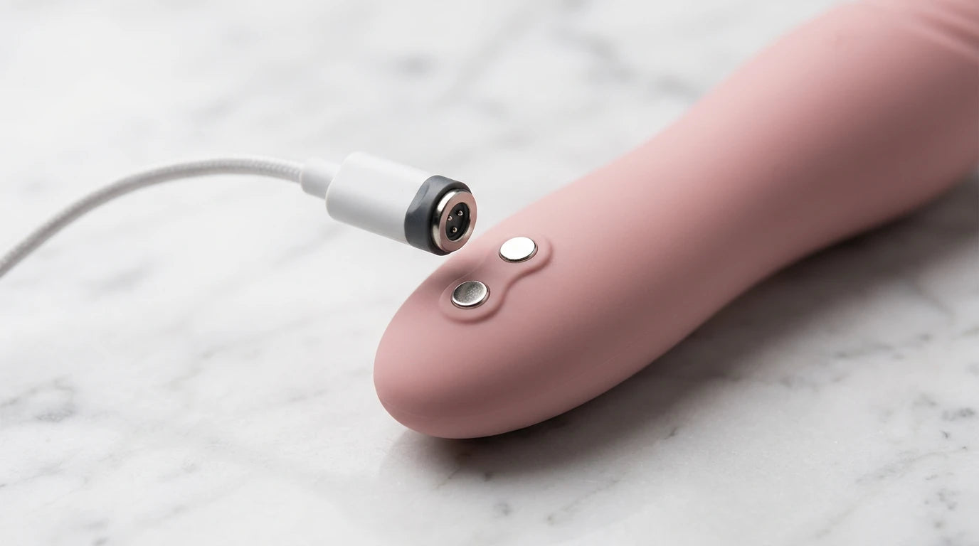 Close-up of magnetic charging contacts on a silicone vibrator — port-free waterproof design