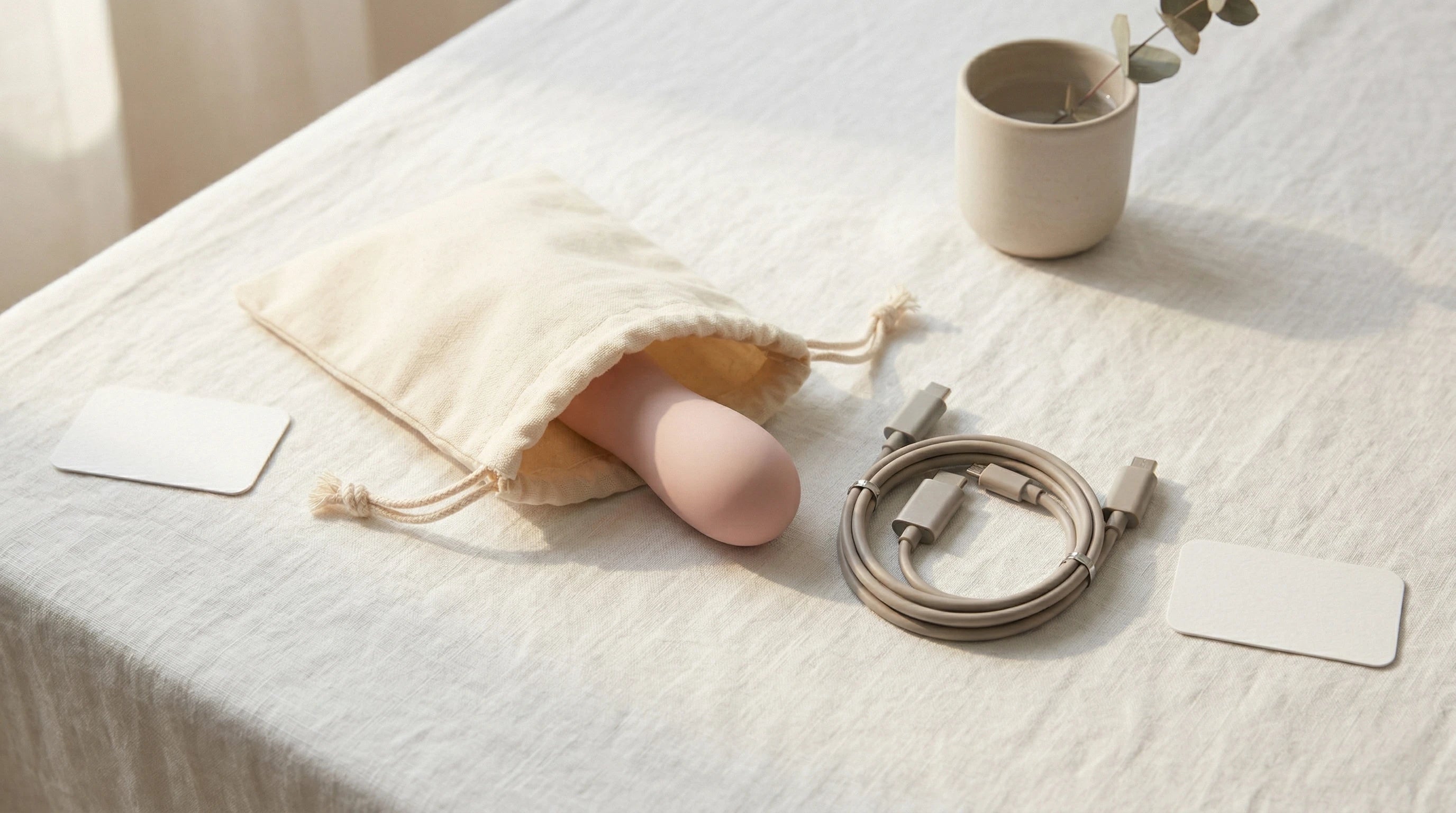 Vibrator stored with magnetic charging cable in a fabric pouch — care and hygiene guide by Xindari