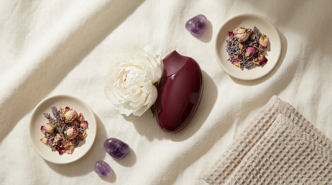 Female climax guide — open peony and wellness tools representing body awareness and self-discovery