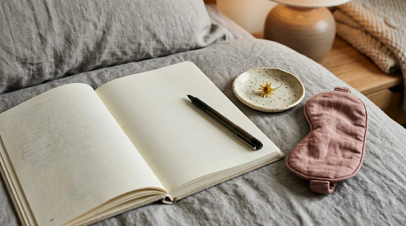 Sleep journal and evening wellness items — tracking how many hours of sleep women need