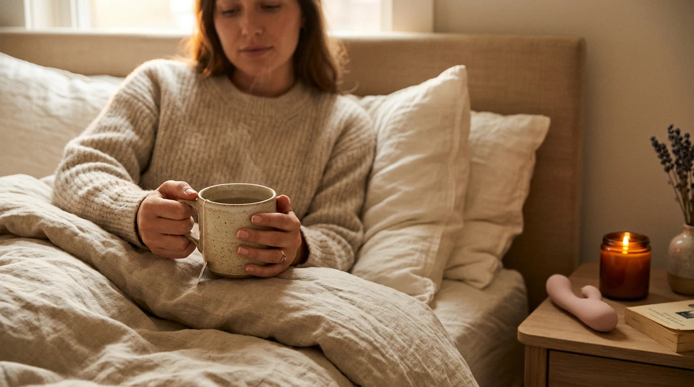 Evening wind-down ritual for women — warm tea, calm lighting, and a Xindari wellness device on the nightstand