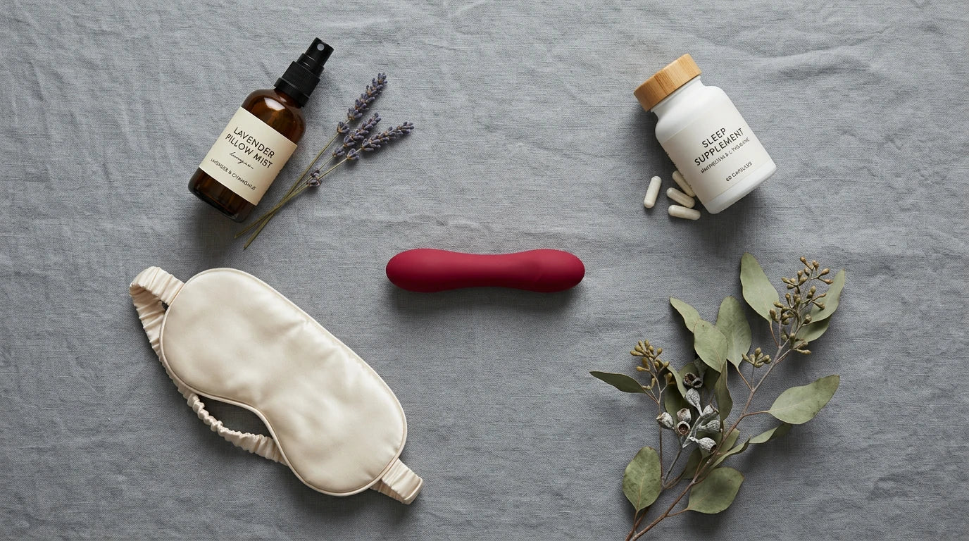 Evening wellness ritual items for better sleep — including a Xindari personal massager for pre-sleep relaxation