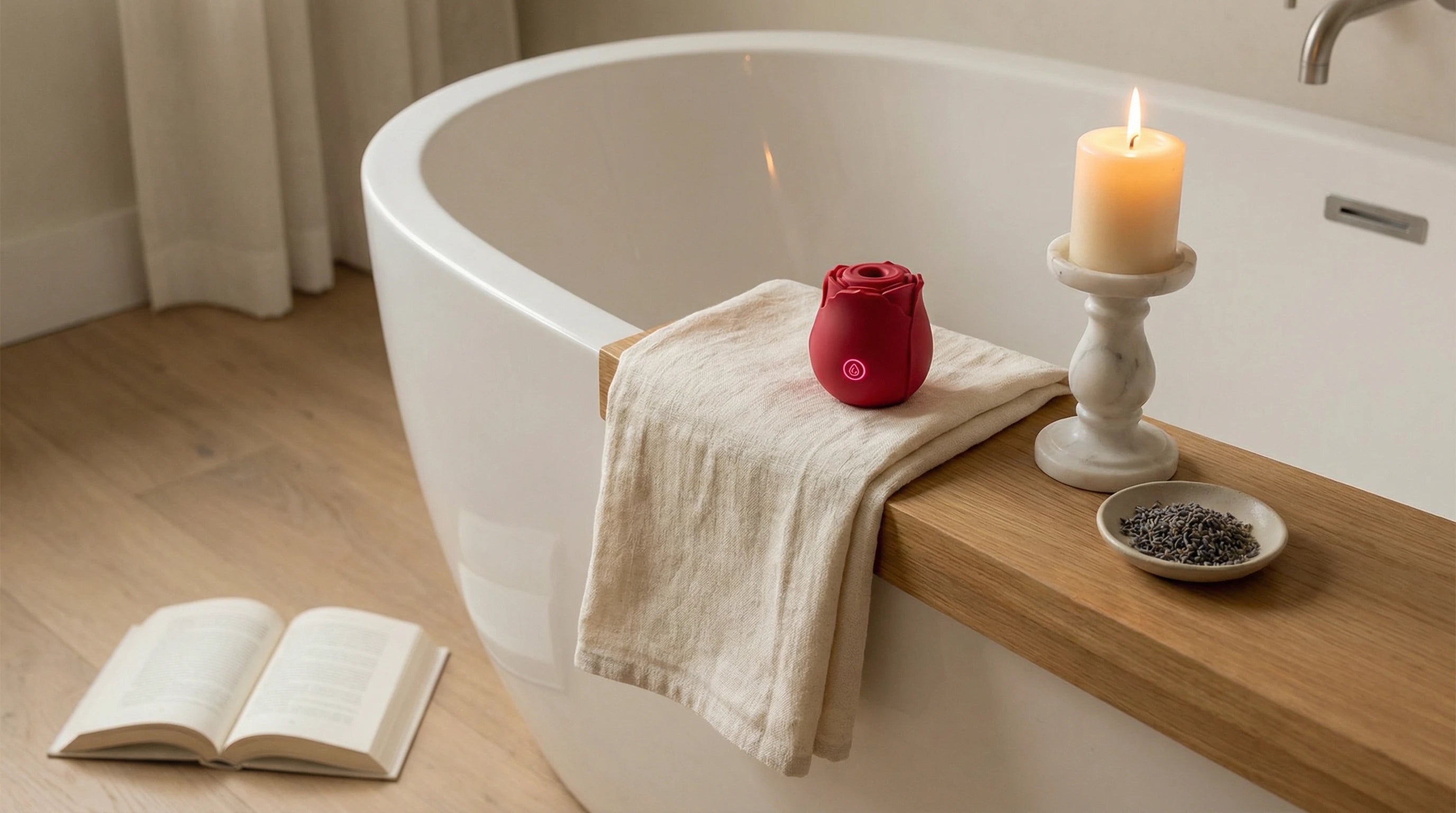 Women's relaxation bath ritual with candle, lavender, and wellness tool — evening self-care by Xindari