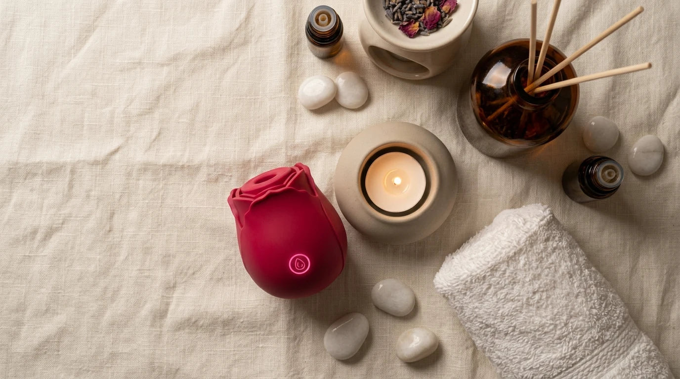 Women's relaxation evening ritual with wellness tools — calming sensory self-care setup
