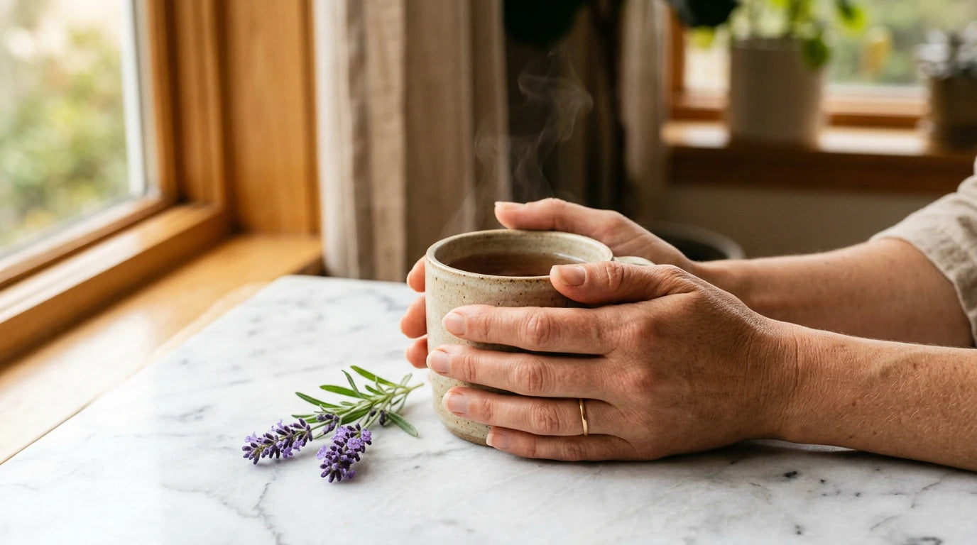 Woman's hands holding herbal tea — calming relaxation ritual for stress relief