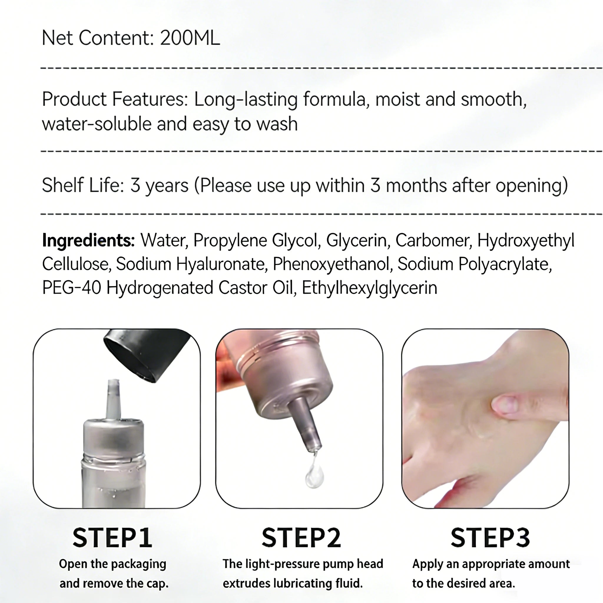 Detailed ingredients, net content, and step-by-step usage instructions for Xindari premium water-based lubricant